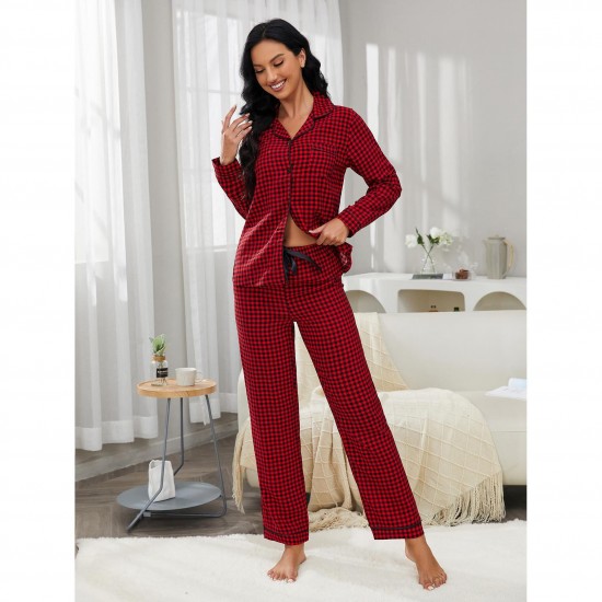 European and American Homewear Women's Red Plaid Cardigan Shirt Long-Sleeve Long Pants Pajama Set
