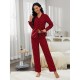 European and American Homewear Women's Red Plaid Cardigan Shirt Long-Sleeve Long Pants Pajama Set