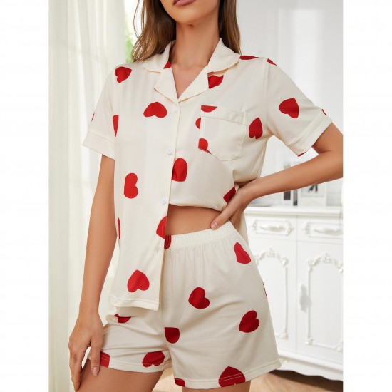 European and American women's pajamas summer thin heart print short-sleeved shorts homewear set nightwear