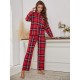 European and American Women's Red Plaid Long-Sleeve Autumn and Winter Homewear Two-Piece Set Can Be Worn Outside