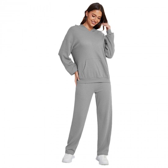 European and American hooded casual set women's pajamas waffle loose long-sleeved long pants two-piece loungewear set