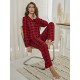 European and American Homewear Women's Red Plaid Cardigan Shirt Long-Sleeve Long Pants Pajama Set