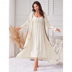 Simple casual mid-length suspender nightgown two-piece set for women, long-sleeved, all-season pajamas for women.