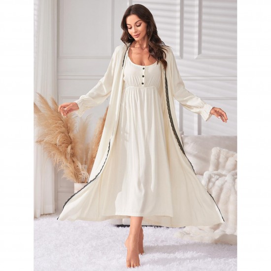 Simple casual mid-length suspender nightgown two-piece set for women, long-sleeved, all-season pajamas for women.