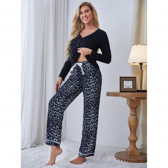 European and American women's home wear set, autumn and winter long-sleeved leopard print trousers two-piece pajamas