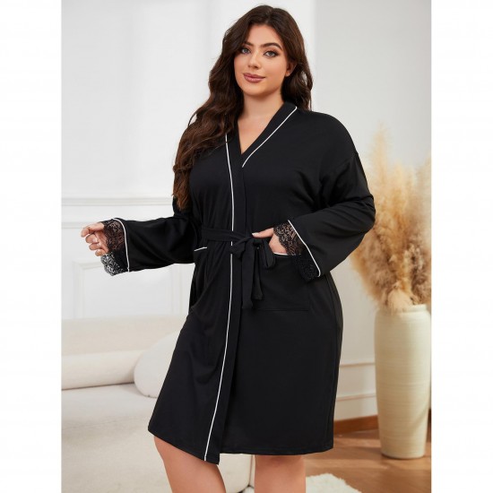 Plus-size European and American women's pajamas, summer, suitable for plus-size women up to 200 lbs, tie-up robe/camisole nightgown two-piece homewear set