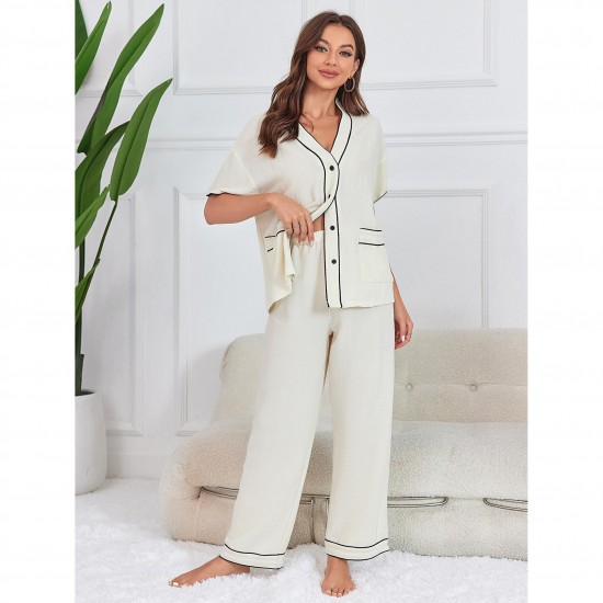 European and American pajama pants for women, spring and summer, thin bubble crepe short-sleeved long pants loungewear set.