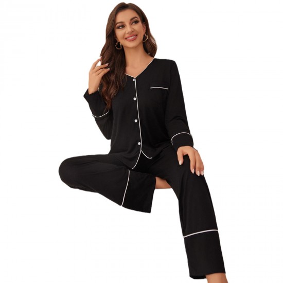 European and American homewear autumn and winter cardigan, long-sleeved and long-pants two-piece set, women's sleepwear.