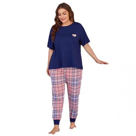 European and American plus size pajamas spring and autumn short-sleeved long pants two-piece homewear set (Pimma)