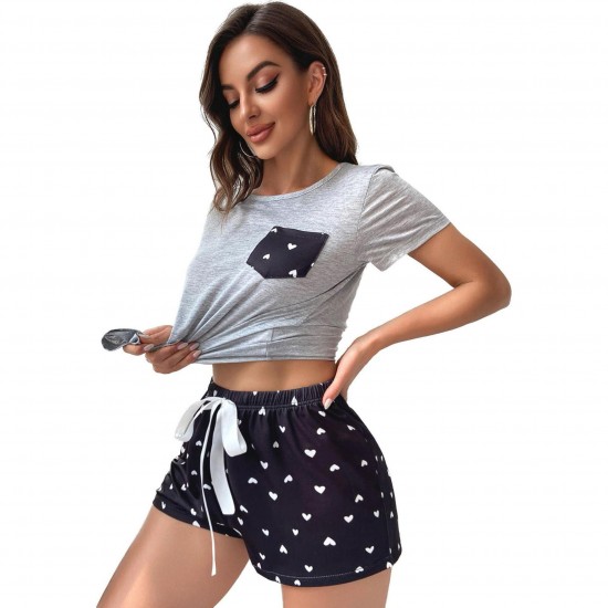 New pajamas for women, summer short-sleeved heart print, thin, simple, casual loungewear, two-piece set suitable for outer wear.