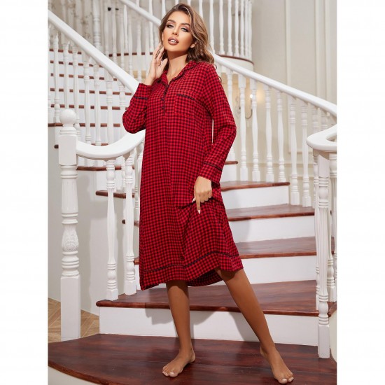 European and American style long nightgown for women, Christmas red plaid loose-fitting long-sleeved home wear pajamas