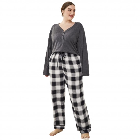 European and American plus-size pajamas for women, loose and casual autumn and winter, plus-size long-sleeved and long-pants homewear sets,