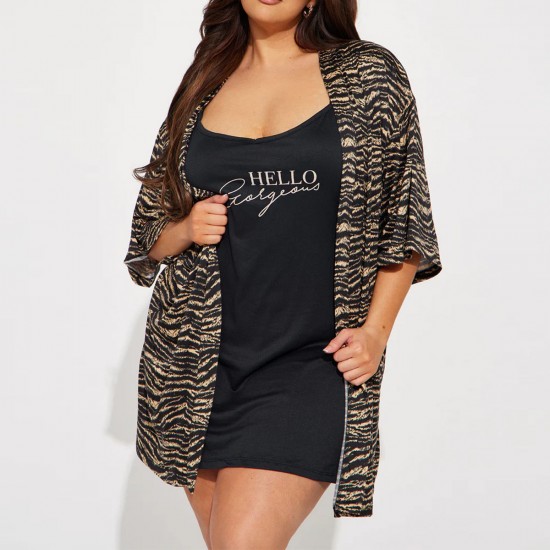 European and American women's summer leopard print short-sleeved outer robe camisole nightgown two-piece loungewear pajamas