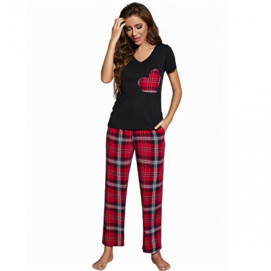 European and American women's spring and autumn V-neck short-sleeved trousers loungewear set export pajamas
