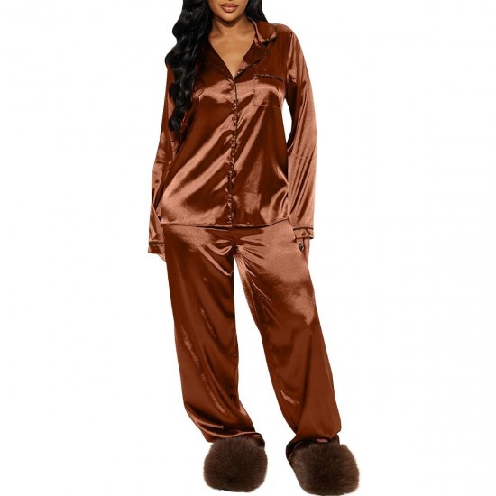European and American  pajamas for women, autumn and winter, ice silk long-sleeved and long pants, two-piece loungewear for women.
