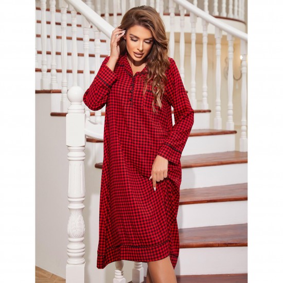 European and American style long nightgown for women, Christmas red plaid loose-fitting long-sleeved home wear pajamas