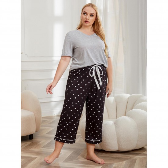 European and American plus-size women's pajamas, summer, loose casual, plus-size, short-sleeved, long pants homewear two-piece set