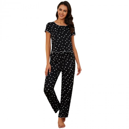 European and American women's pajamas, summer, heart-shaped short-sleeved, long pants homewear two-piece set
