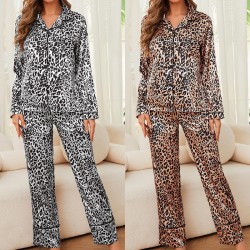 European and American women's pajamas, fall and winter, simulated silk leopard print, long-sleeved trousers, two-piece loungewear, pajamas