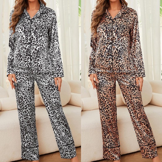 European and American women's pajamas, fall and winter, simulated silk leopard print, long-sleeved trousers, two-piece loungewear, pajamas
