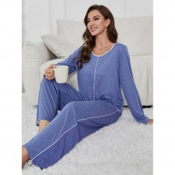 European and American women's pajamas autumn and winter solid color long-sleeved trousers homewear set can be worn outside independent site