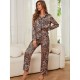 European and American women's pajamas, fall and winter, simulated silk leopard print, long-sleeved trousers, two-piece loungewear, pajamas