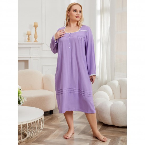 European and American plus size nightgown women's long plus mm lace trim thin long-sleeved loungewear pajamas