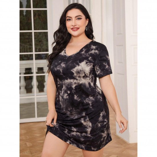 European and American plus size pajamas women's summer nightgown women's short-sleeved tie-dye backless sexy home dress