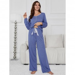 European and American women's pajamas autumn and winter solid color long-sleeved trousers homewear set can be worn outside independent site
