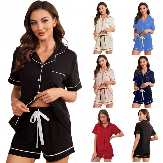 Women's Summer Striped Solid Color Basic Short-Sleeve Shorts Casual Women's Homewear Set Independent Website