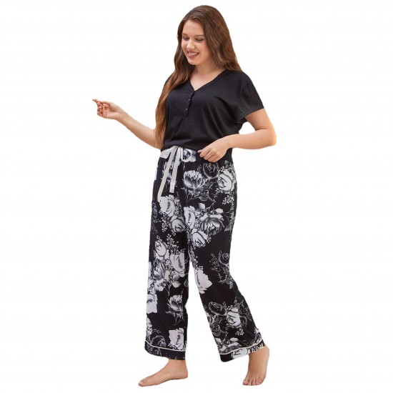European and American large size pajamas women's spring and autumn loose short-sleeved trousers suit home clothes