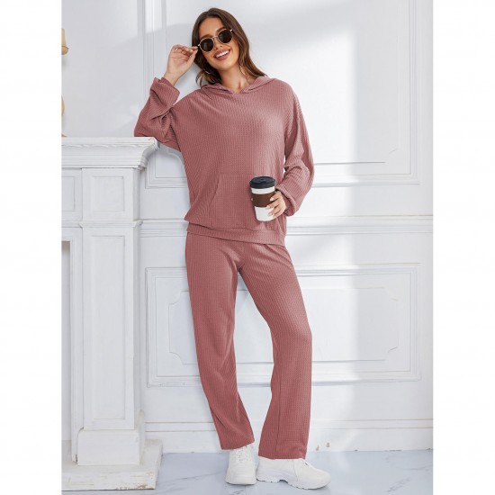 European and American hooded casual set women's pajamas waffle loose long-sleeved long pants two-piece loungewear set