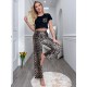 Women's pajamas spring and summer waist-revealing short-sleeved leopard print long pants loungewear set