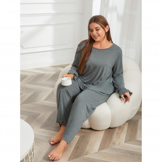 European and American Plus Size Women's Nightgown Autumn and Winter Solid Color Loose Long-Sleeved Two-Piece Homewear Set