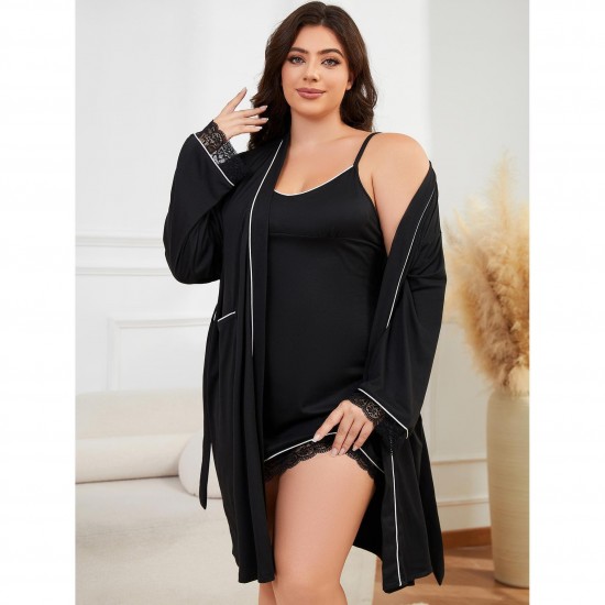 Plus-size European and American women's pajamas, summer, suitable for plus-size women up to 200 lbs, tie-up robe/camisole nightgown two-piece homewear set
