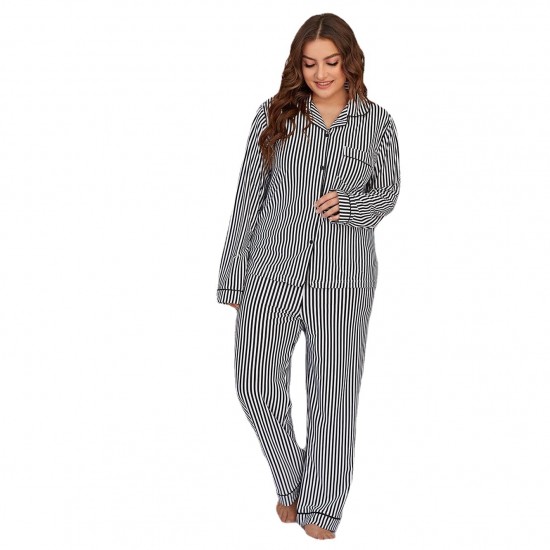 European and American plus mm women's pajamas striped long-sleeved casual plus size homewear set