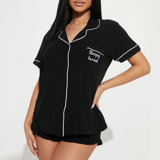 New European and American women's summer basic collared short-sleeved shorts two-piece pajama set