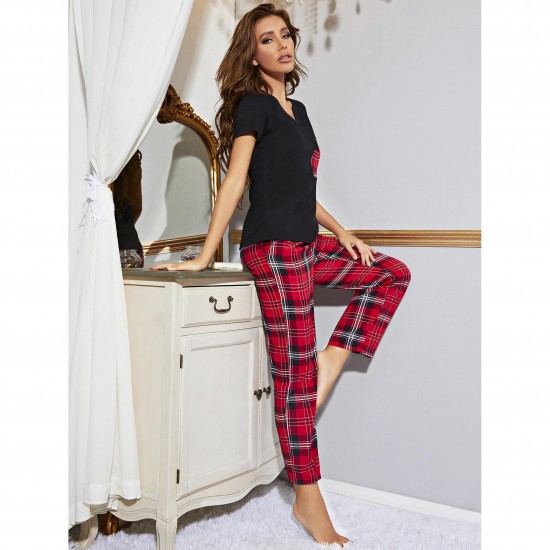 European and American women's spring and autumn V-neck short-sleeved trousers loungewear set export pajamas