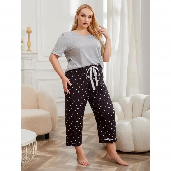 European and American plus-size women's pajamas, summer, loose casual, plus-size, short-sleeved, long pants homewear two-piece set