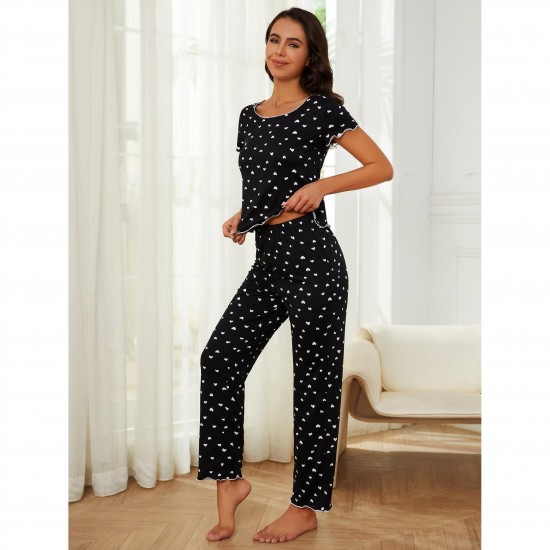 European and American women's pajamas, summer, heart-shaped short-sleeved, long pants homewear two-piece set