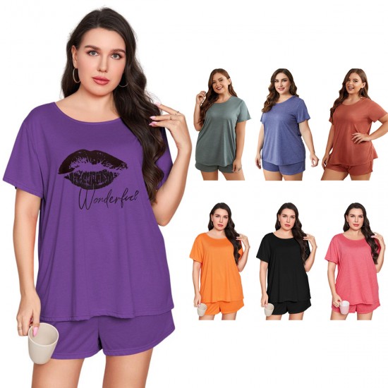 European and American plus-size pajamas for women, summer loose and casual 5XL short-sleeved shorts, two-piece loungewear set for women over 200 pounds.