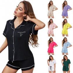 European and American homewear set cardigan short-sleeved shirt and shorts summer pajamas women's