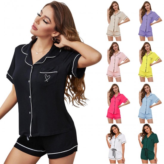 European and American homewear set cardigan short-sleeved shirt and shorts summer pajamas women's