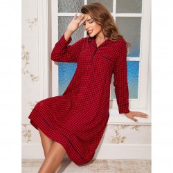 European and American style long nightgown for women, Christmas red plaid loose-fitting long-sleeved home wear pajamas