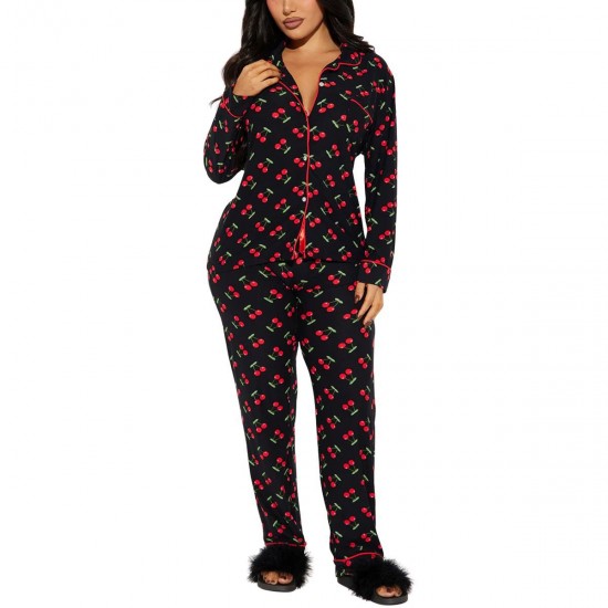 European and American pajamas for women, autumn and winter cherry print lapel long-sleeved trousers, two-piece loungewear set.