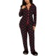 European and American pajamas for women, autumn and winter cherry print lapel long-sleeved trousers, two-piece loungewear set.