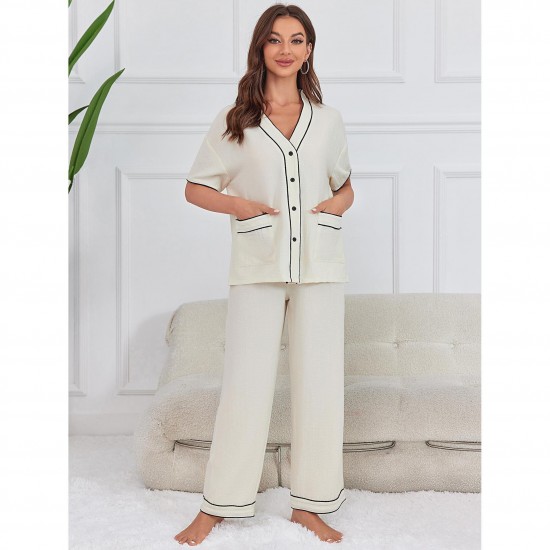 European and American pajama pants for women, spring and summer, thin bubble crepe short-sleeved long pants loungewear set.