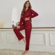 European and American Homewear Women's Red Plaid Cardigan Shirt Long-Sleeve Long Pants Pajama Set