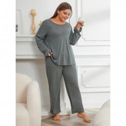 European and American Plus Size Women's Nightgown Autumn and Winter Solid Color Loose Long-Sleeved Two-Piece Homewear Set