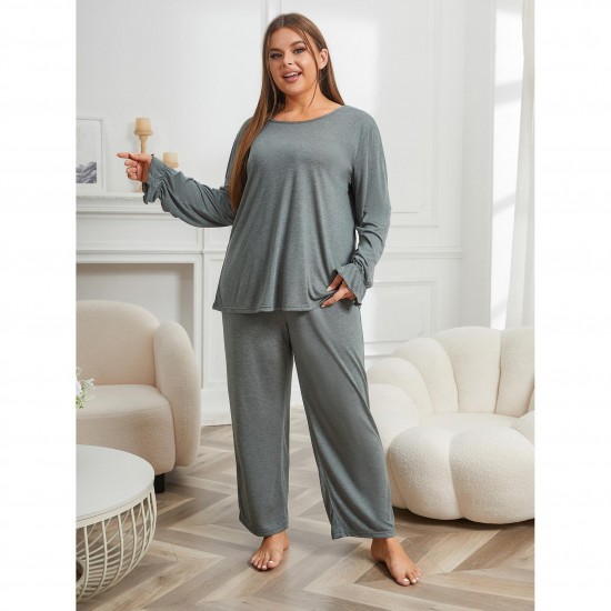 European and American Plus Size Women's Nightgown Autumn and Winter Solid Color Loose Long-Sleeved Two-Piece Homewear Set